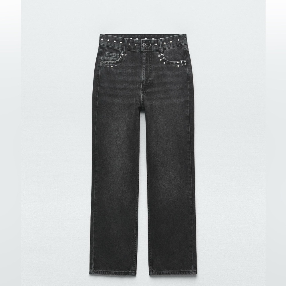 NWT ZARA Black Studded High Rise Straight Jeans